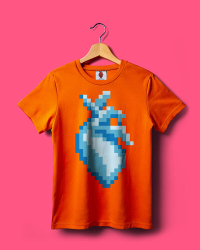 Pixel Heart Logo / Orange T- shirt / Blue Heart
